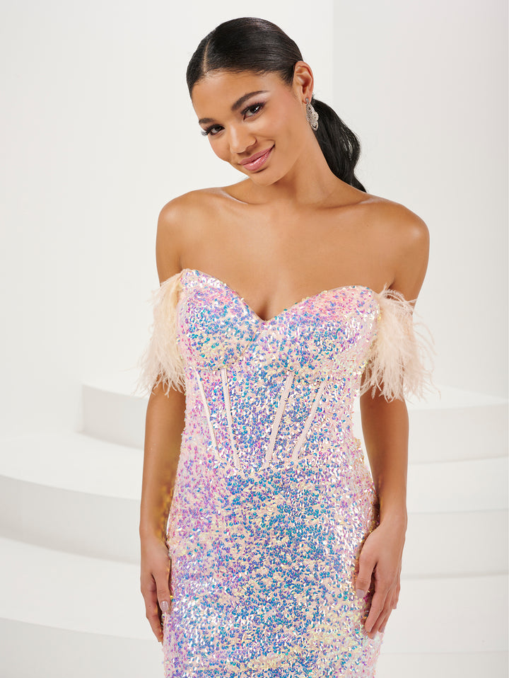 Feather Sequin Sweetheart Gown by Tiffany Designs 16106