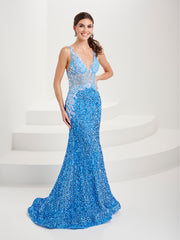 Fitted Applique Sequin V-Neck Gown by Tiffany Designs 16110