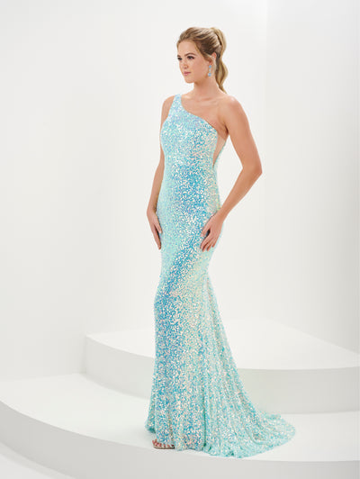 Fitted Sequin One Shoulder Gown by Tiffany Designs 16114