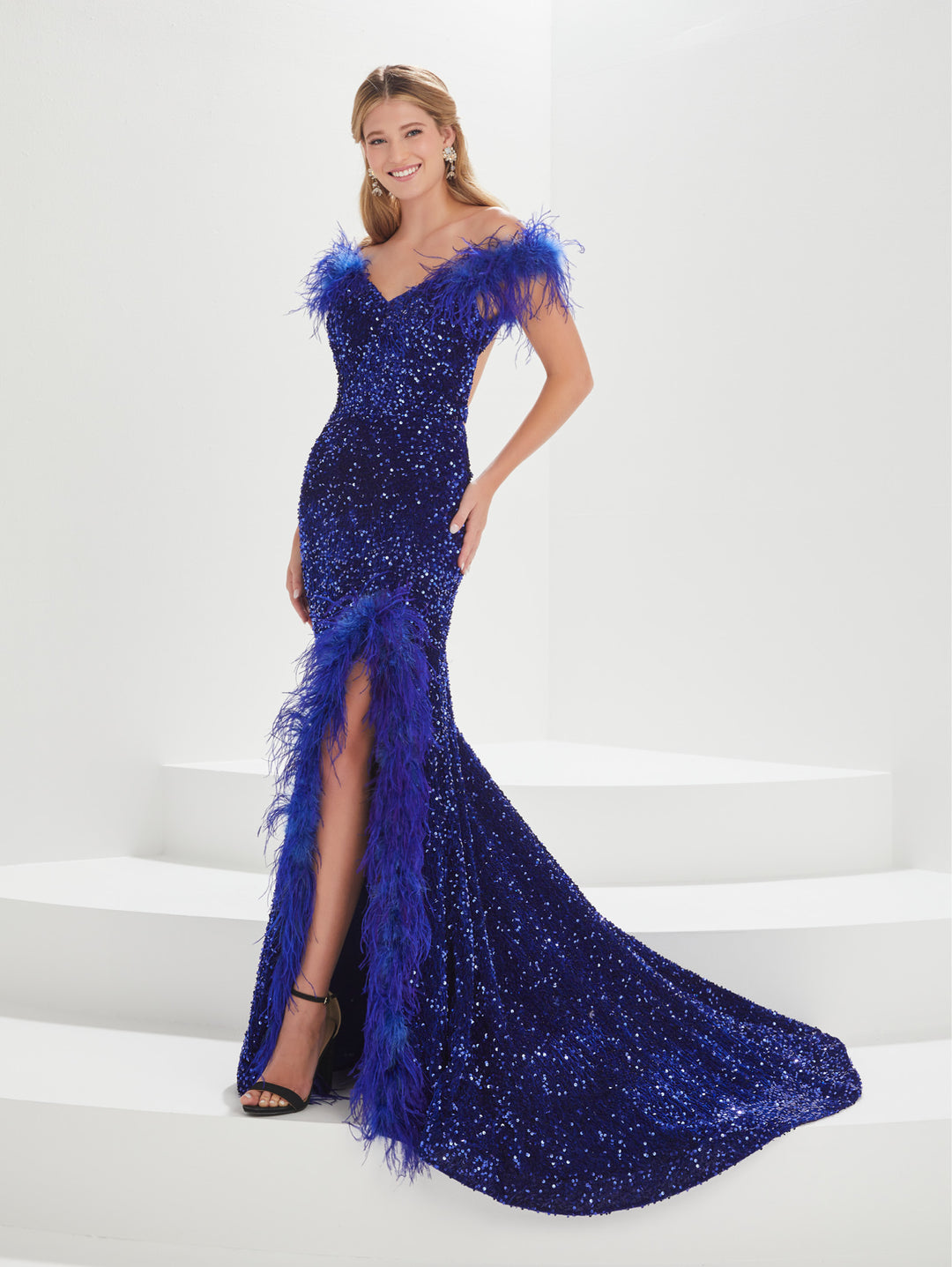Feather Sequin Off Shouler Gown by Tiffany Designs 16004
