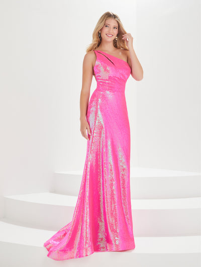 Fitted Sequin One Shoulder Gown by Tiffany Designs 16006