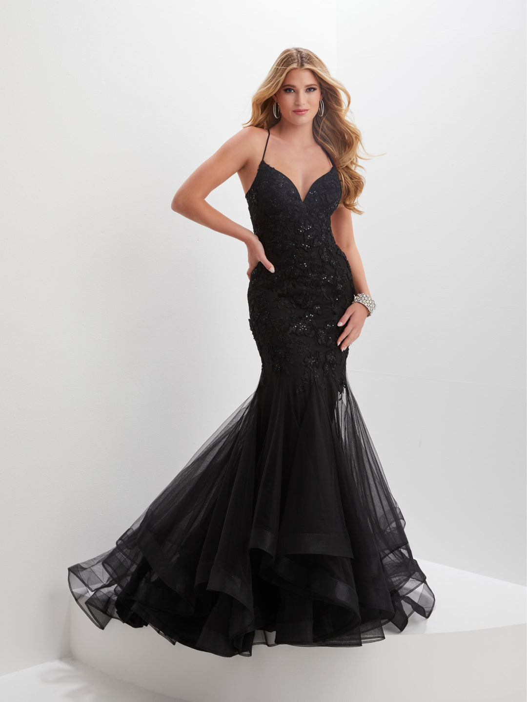 Applique Ruffled Tulle Mermaid Dress by Tiffany Designs 16015
