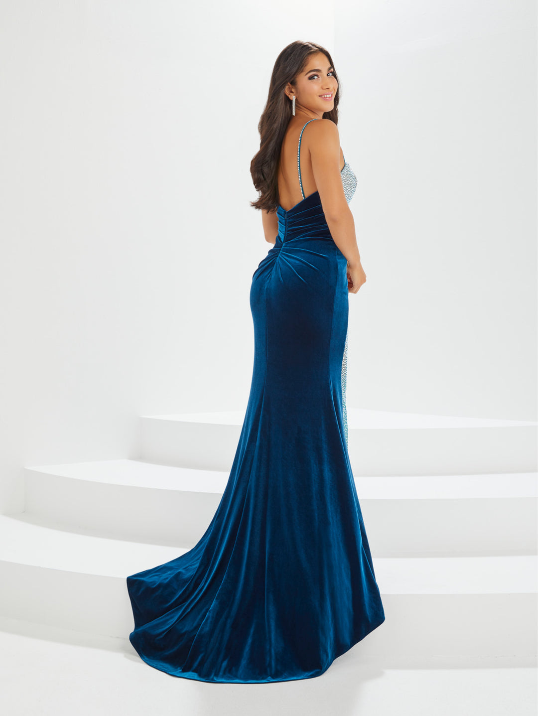 Fitted Beaded Velvet Sheer Slit Gown by Tiffany Designs 16018