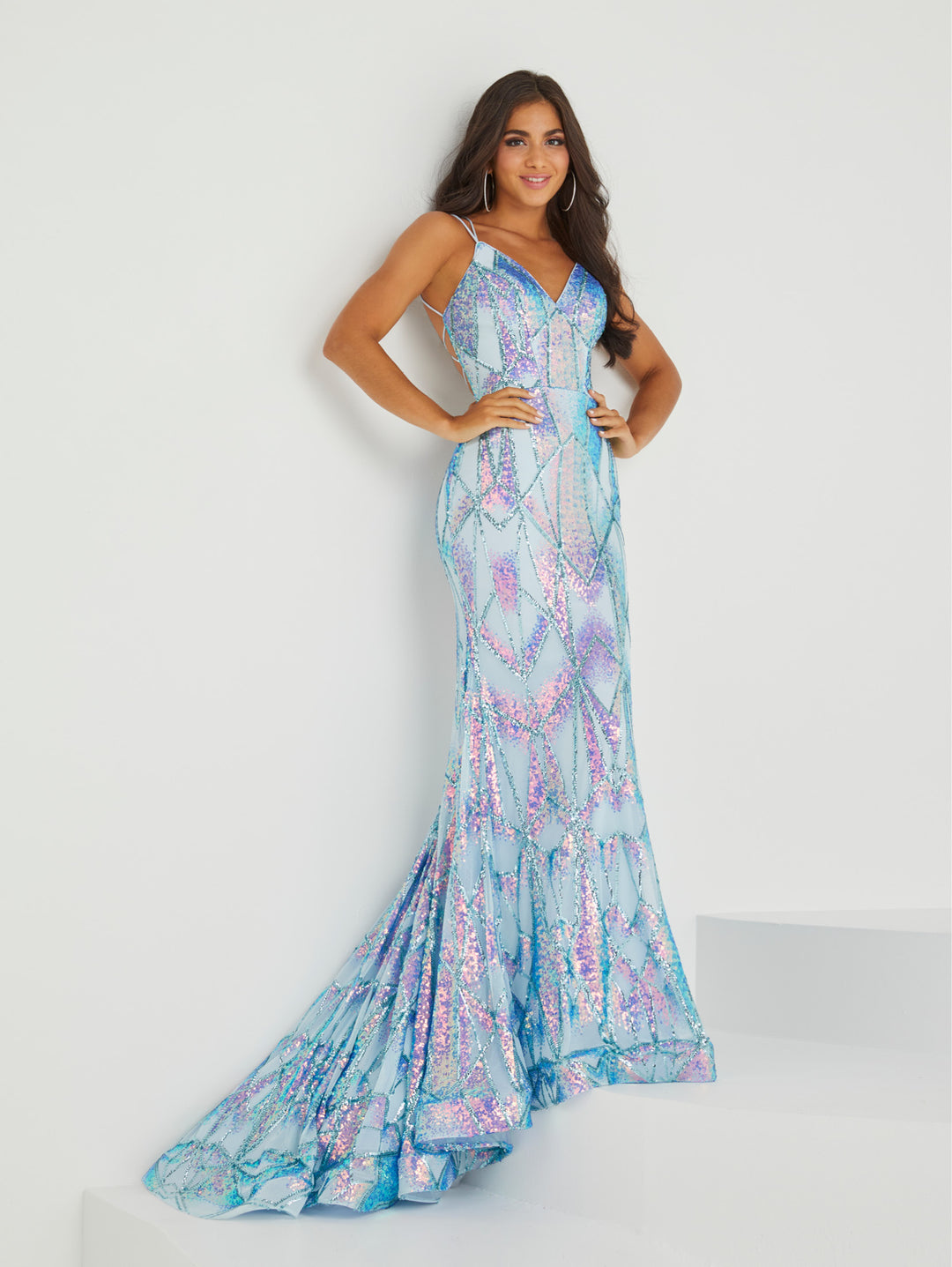 Fitted Linear Sequin Print V-Neck Gown by Tiffany Designs 16019