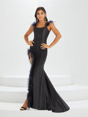 Fitted Feather Jersey Corset Slit Gown by Tiffany Designs 16027