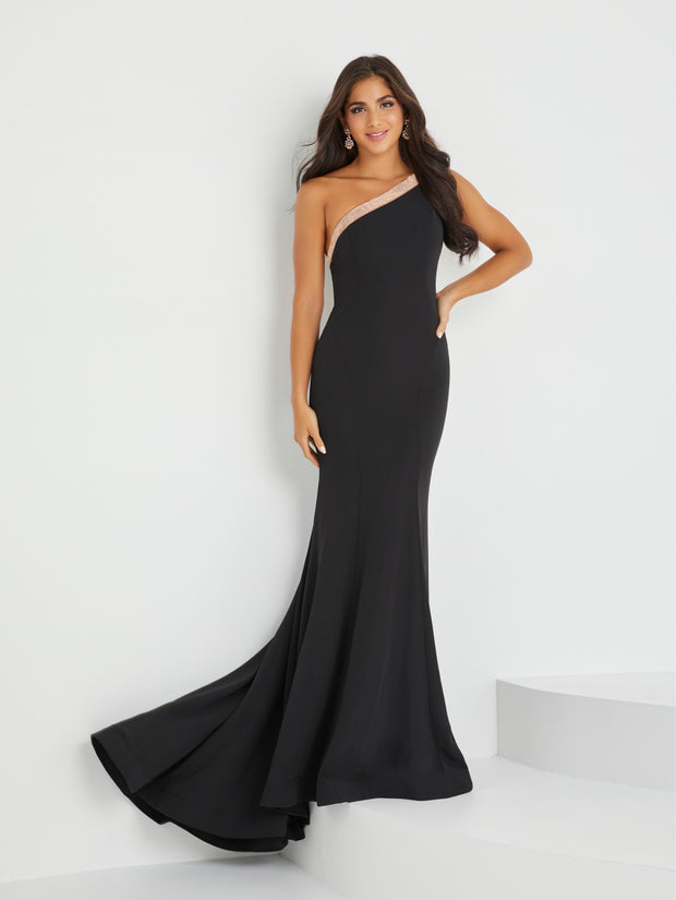 Fitted Crepe One Shoulder Gown by Tiffany Designs 16029