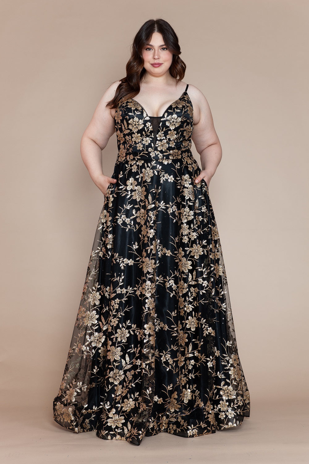 Plus Size Glitter Print Sleeveless A-line Gown by Poly USA W1134