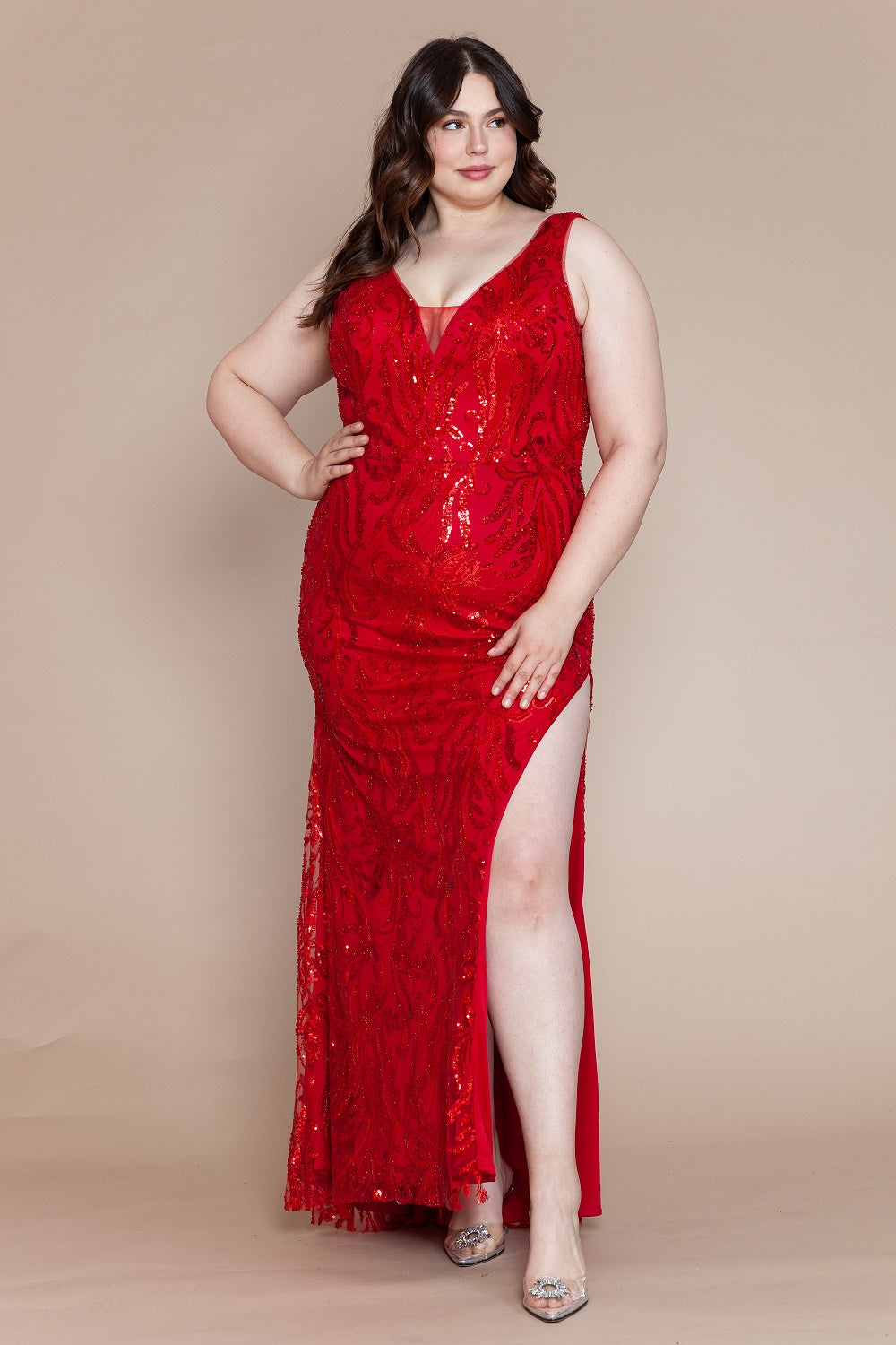 Plus Size Glitter Print Sleeveless Slit Gown by Poly USA W1140
