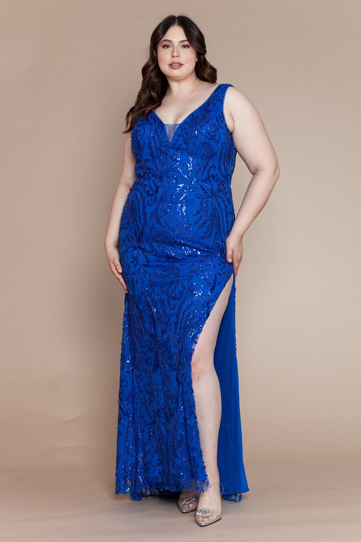 Plus Size Glitter Print Sleeveless Slit Gown by Poly USA W1140