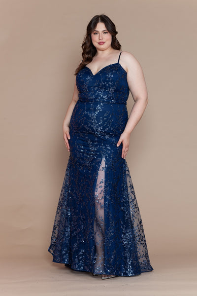 Plus Size Glitter Print Sleeveless Slit Gown by Poly USA W1154