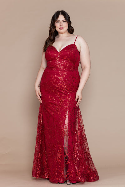 Plus Size Glitter Print Sleeveless Slit Gown by Poly USA W1154
