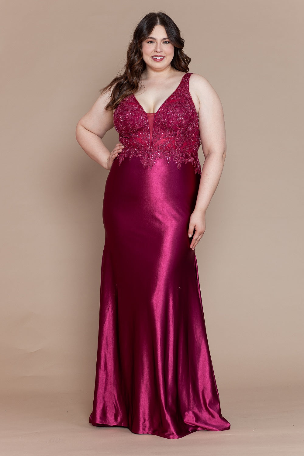Plus Size Fitted Embroidered V-Neck Gown by Poly USA W1160