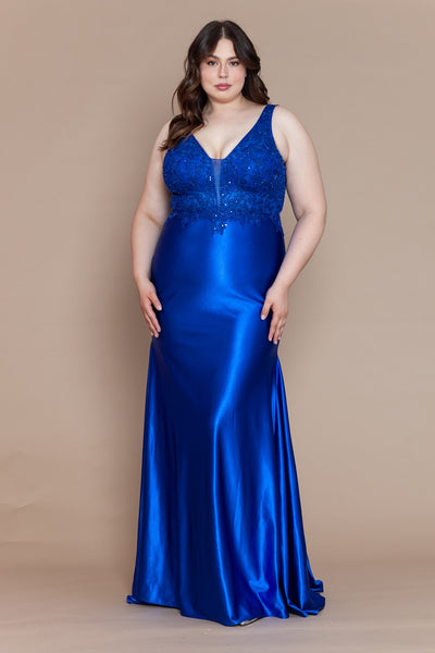 Plus Size Fitted Embroidered V-Neck Gown by Poly USA W1160