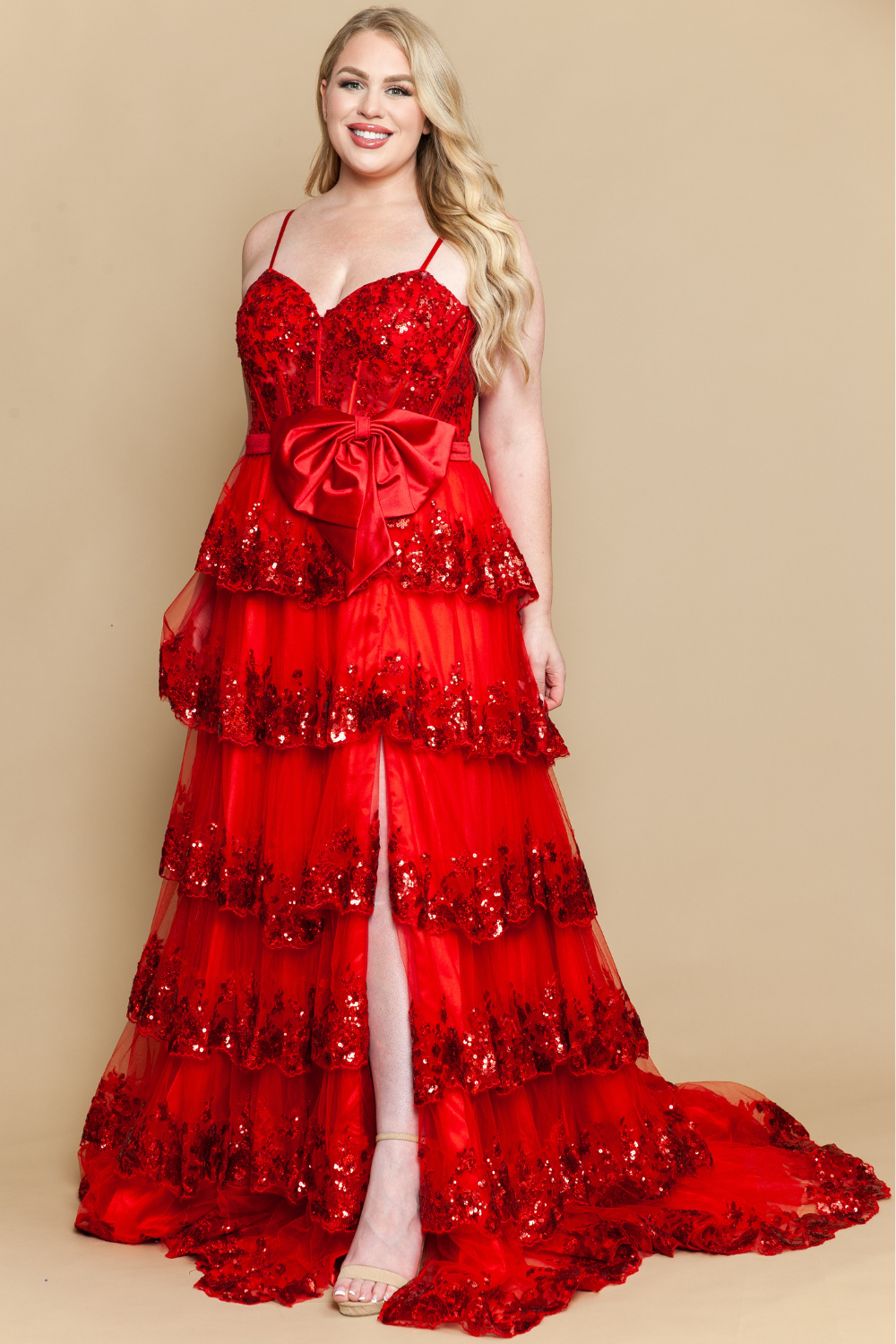 Plus Size Sleeveless Tiered Slit Gown by Poly USA W1162