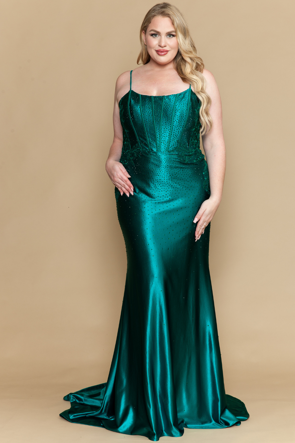 Plus Size Beaded Satin Gown by Poly USA W1164
