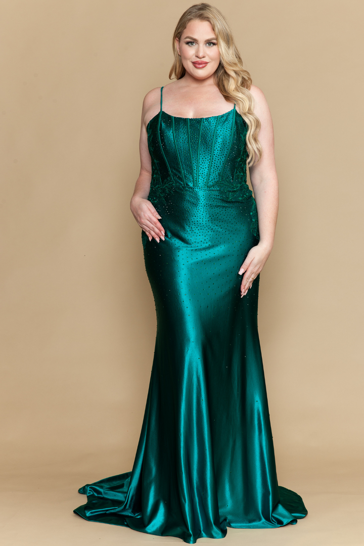 Plus Size Beaded Satin Gown by Poly USA W1164