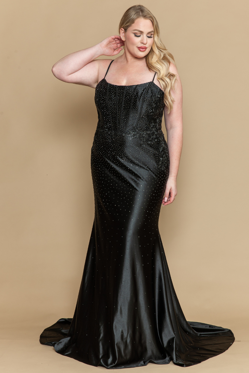 Plus Size Beaded Satin Gown by Poly USA W1164