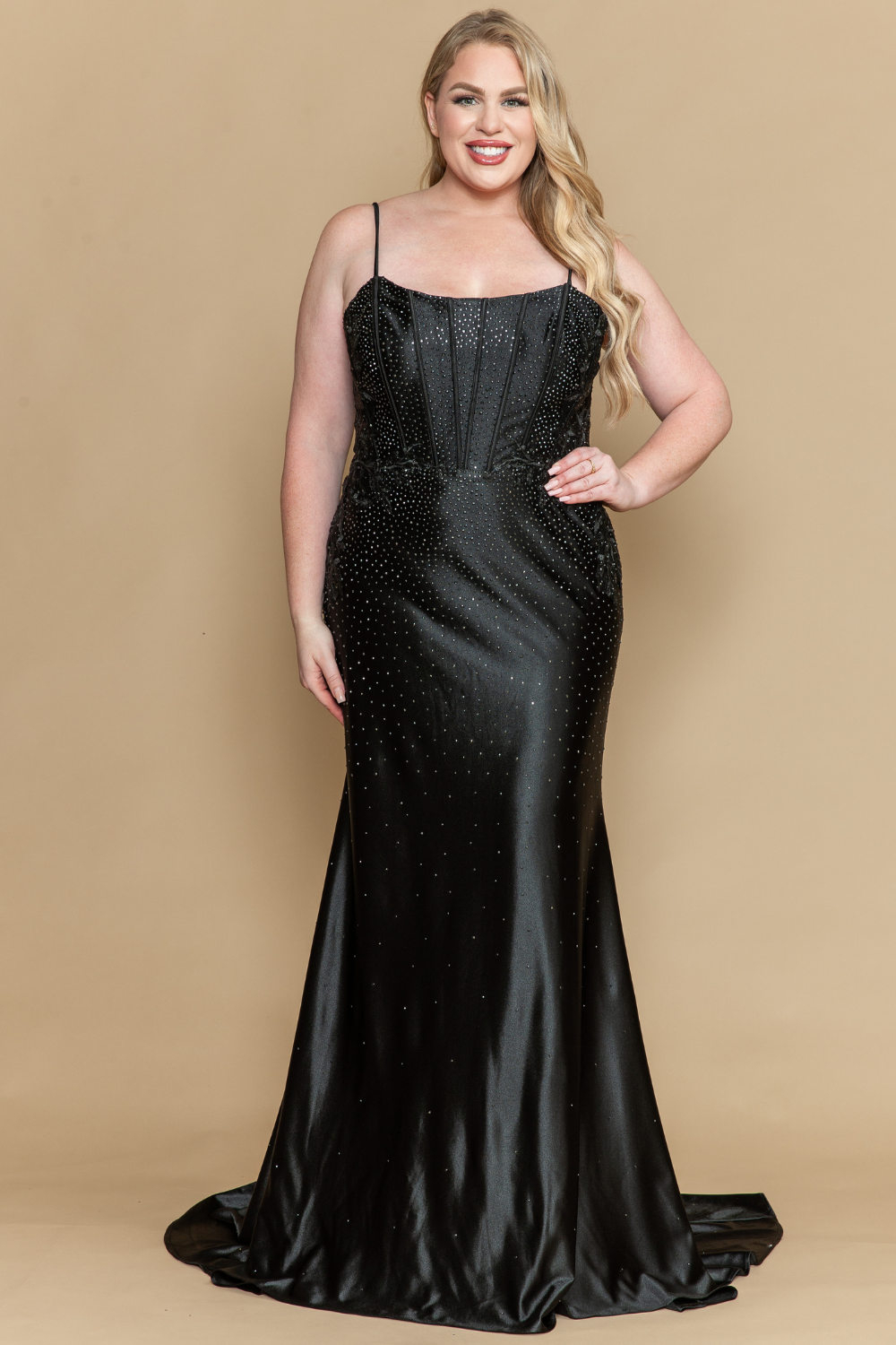Plus-Size Beaded Long Corset Prom Dress with Train Teal / 20W