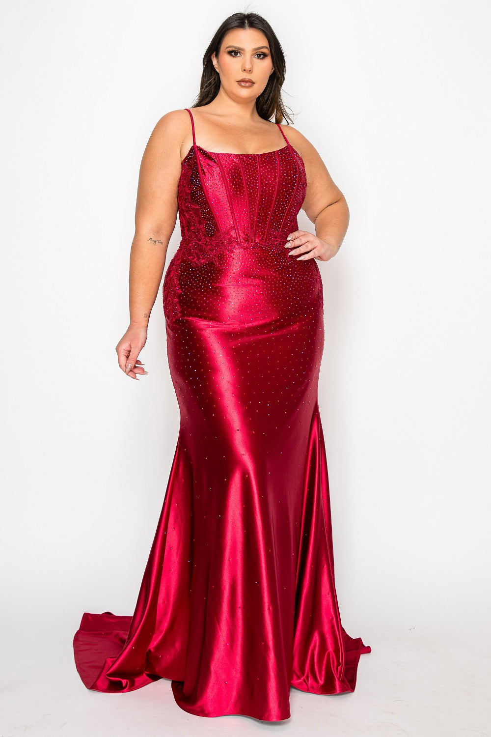 Poly USA W1164 Plus Size Beaded Satin Gown | FormalDressShops Red Wine / 24W Poly USA W1164 Plus Size Beaded Satin Gown | FormalDressShops Red Wine / 24W