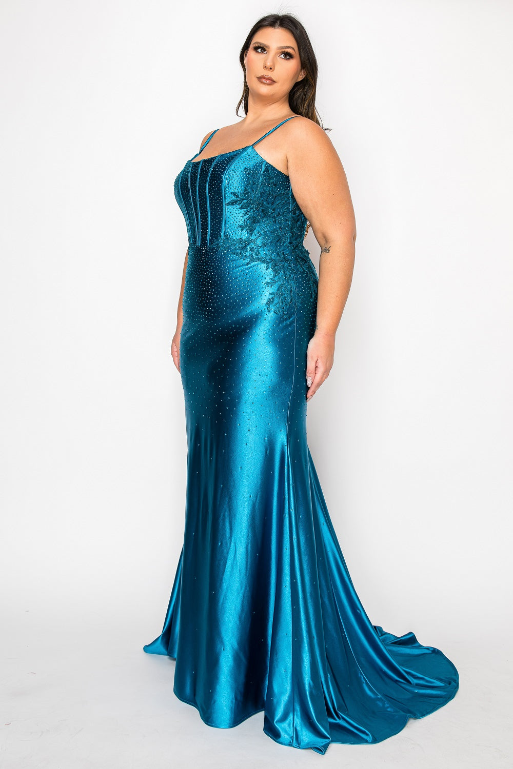 Plus-Size Beaded Long Corset Prom Dress with Train Teal / 20W