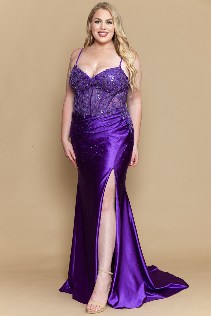 Plus Size Lace Bodice Satin Gown by Poly USA W1166