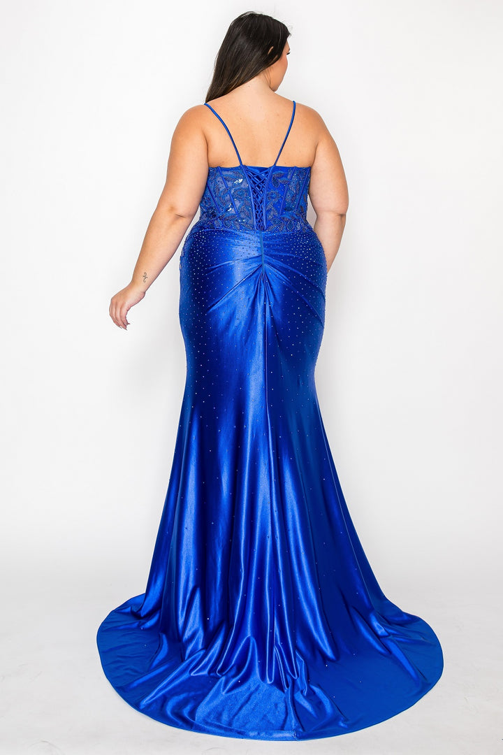 Plus Size Lace Bodice Satin Gown by Poly USA W1166