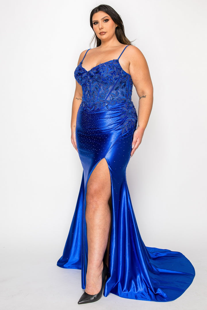 Plus Size Lace Bodice Satin Gown by Poly USA W1166