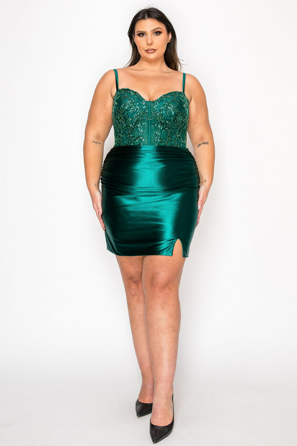 Plus Size Short Beaded Satin Slit Dress by Poly USA W1178 – ABC Fashion