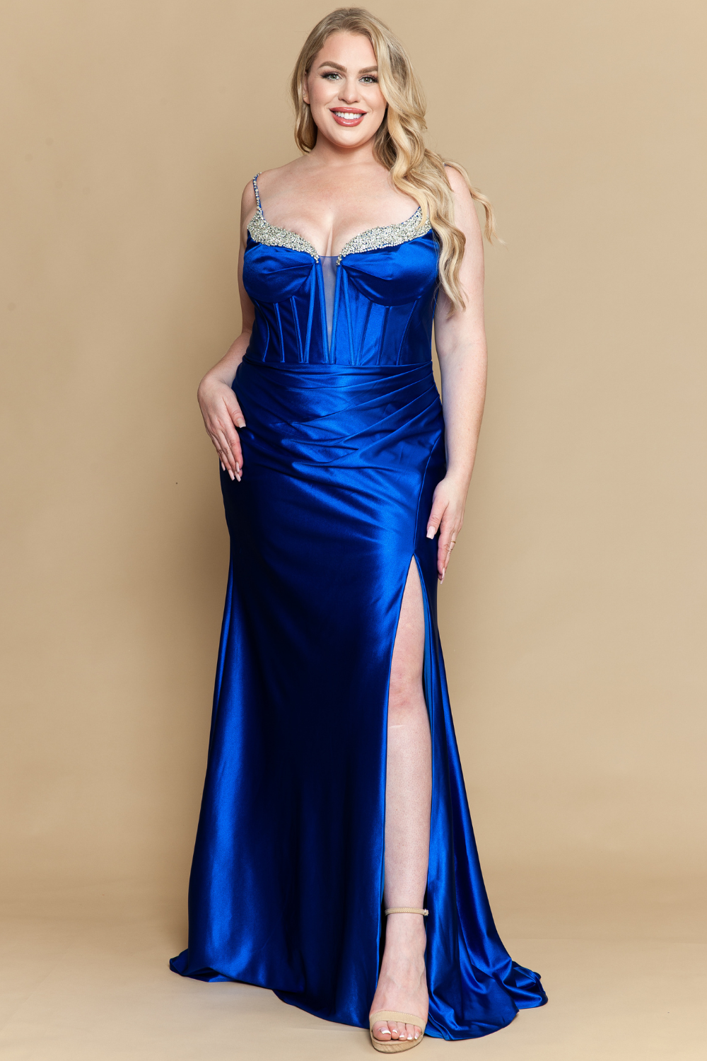 Plus Size Fitted Satin Corset Slit Gown by Poly USA W1180