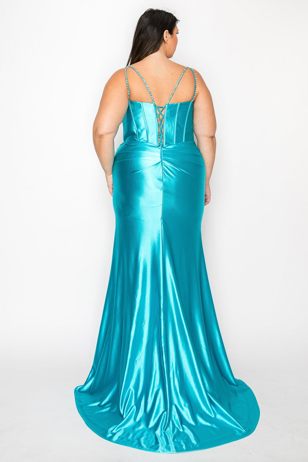Plus Size Fitted Satin Corset Slit Gown by Poly USA W1180 20W / Black
