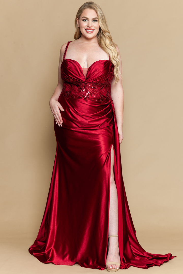 Plus Size Satin Sleeveless Slit Gown by Poly USA W1182