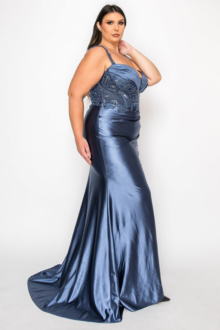 Plus Size Satin Sleeveless Slit Gown by Poly USA W1182
