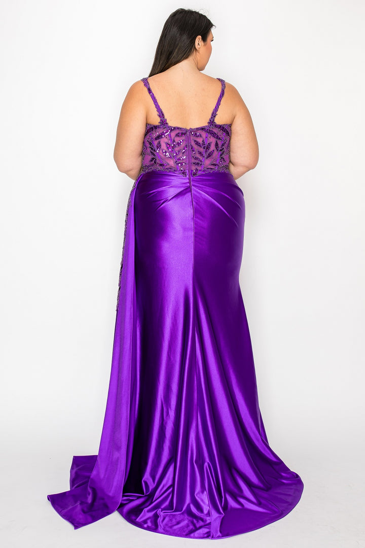Plus Size Satin Sleeveless Slit Gown by Poly USA W1182