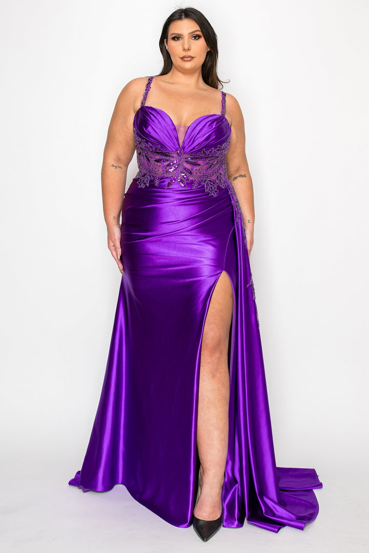 Plus Size Satin Sleeveless Slit Gown by Poly USA W1182