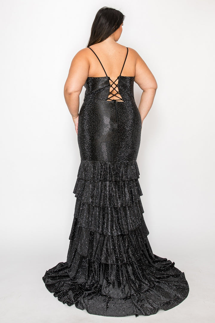 Plus Size Fitted Tiered Slit Gown by Poly USA W1184