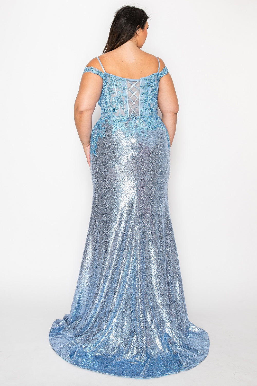 Plus Size Sequin Off Shoulder Slit Gown by Poly USA W1186