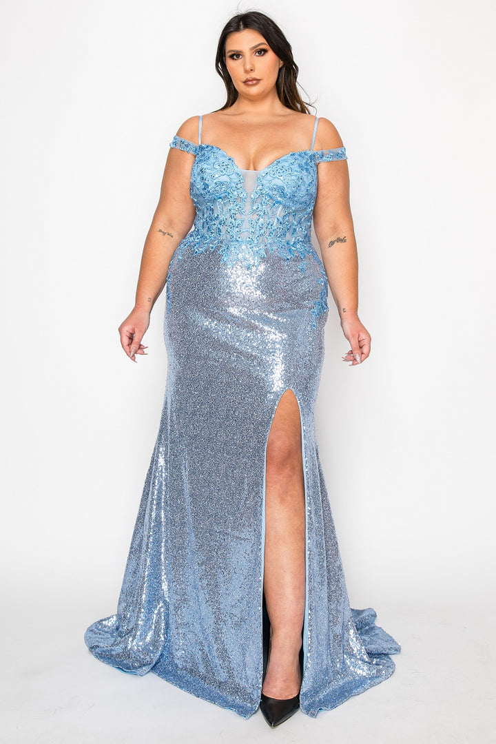 Plus Size Sequin Off Shoulder Slit Gown by Poly USA W1186