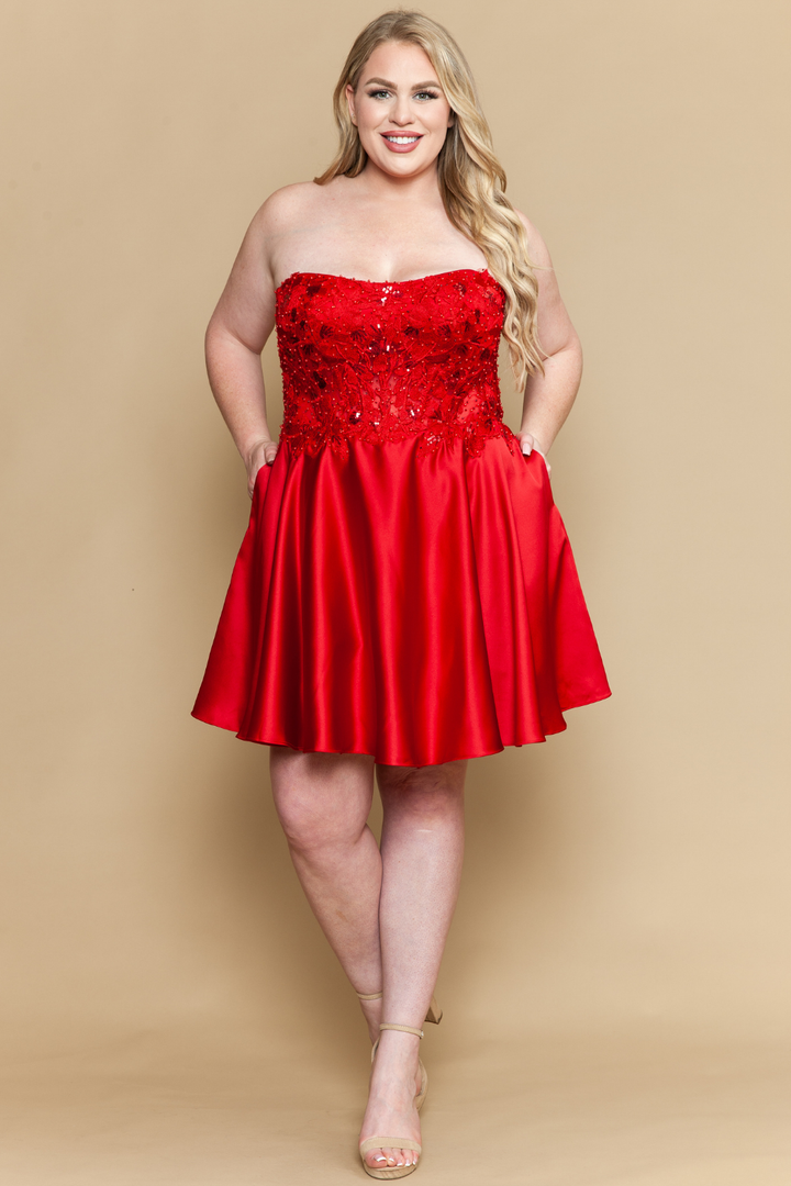 Plus Size Short Strapless A-line Dress by Poly USA W1220