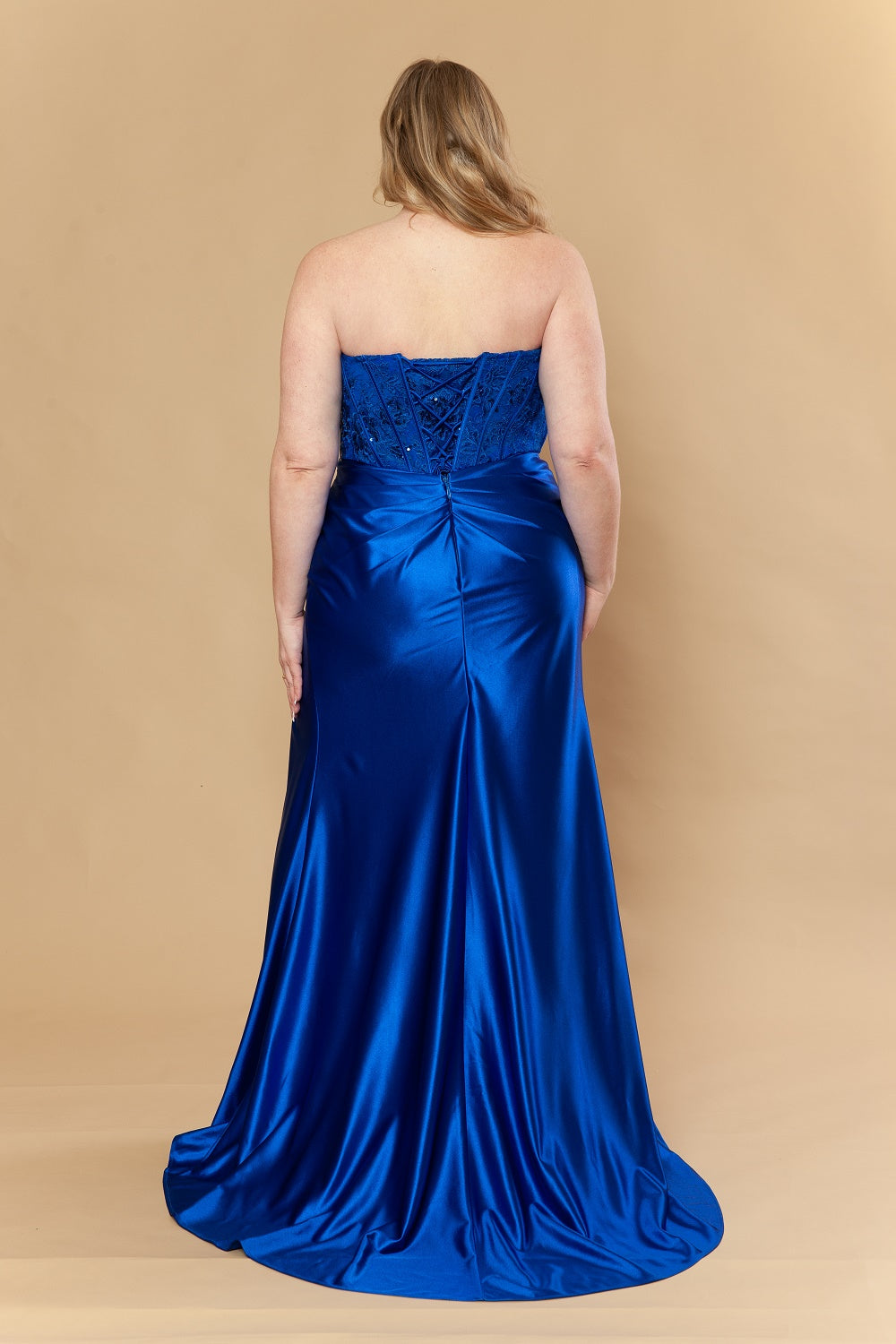 Plus Size Applique Strapless Slit Gown by Poly USA W1222