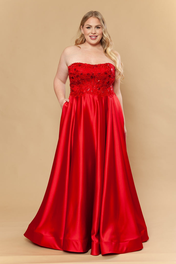 Plus Size Satin Strapless A-line Gown by Poly USA W1224