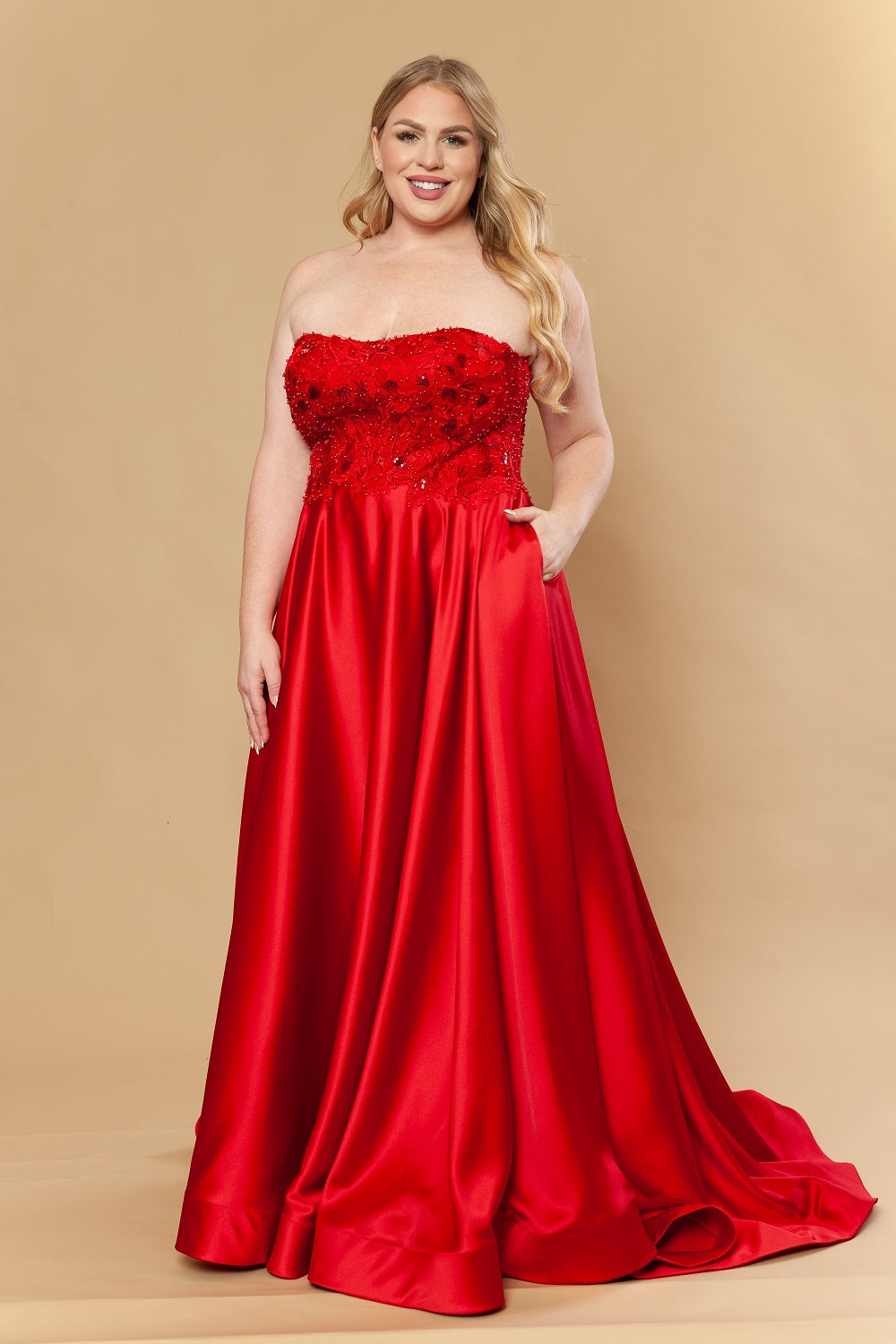 Plus Size Satin Strapless A-line Gown by Poly USA W1224