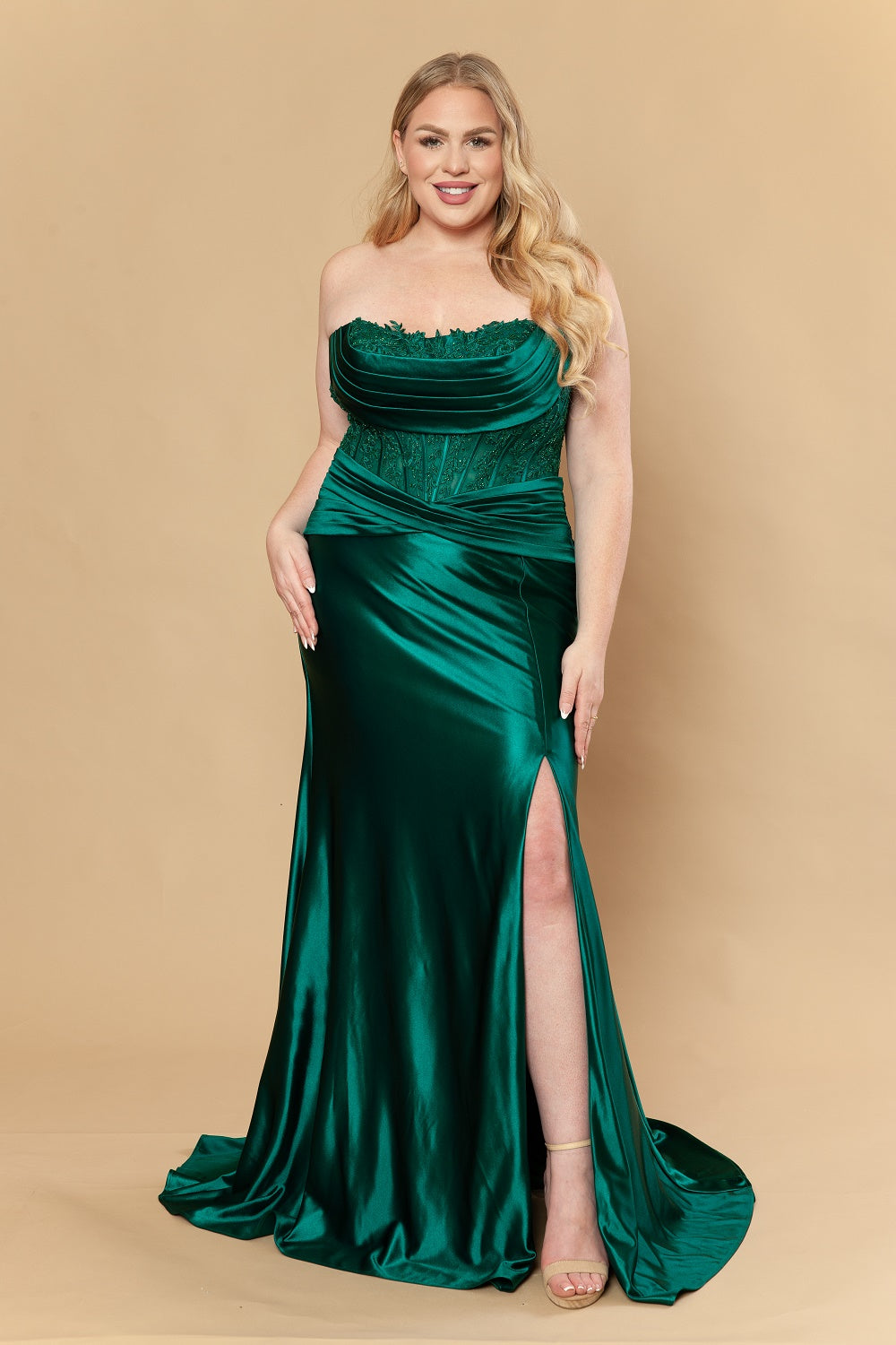 Plus Size Applique Strapless Slit Gown by Poly USA W1228
