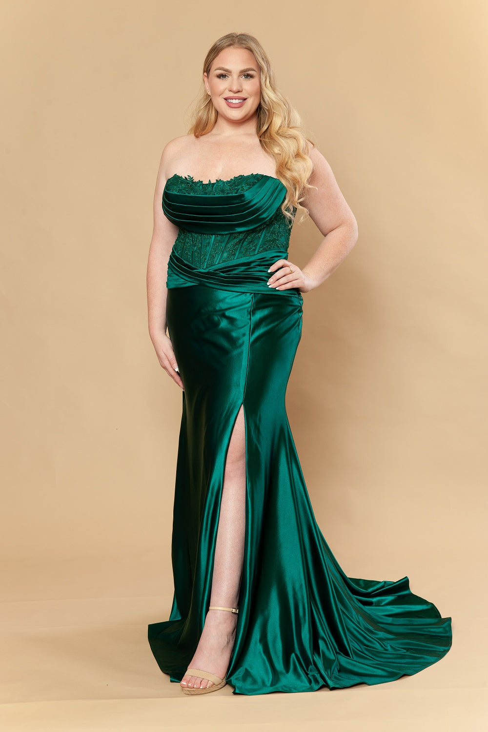Plus Size Applique Strapless Slit Gown by Poly USA W1228