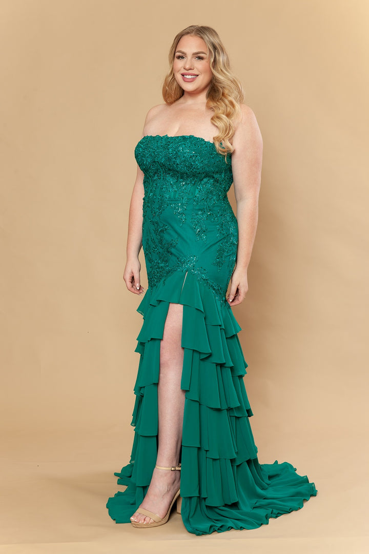 Plus Size Strapless Tiered Slit Gown by Poly USA W1230
