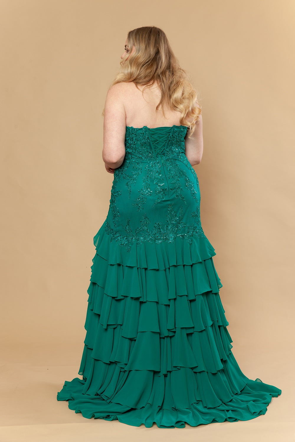 Plus Size Strapless Tiered Slit Gown by Poly USA W1230
