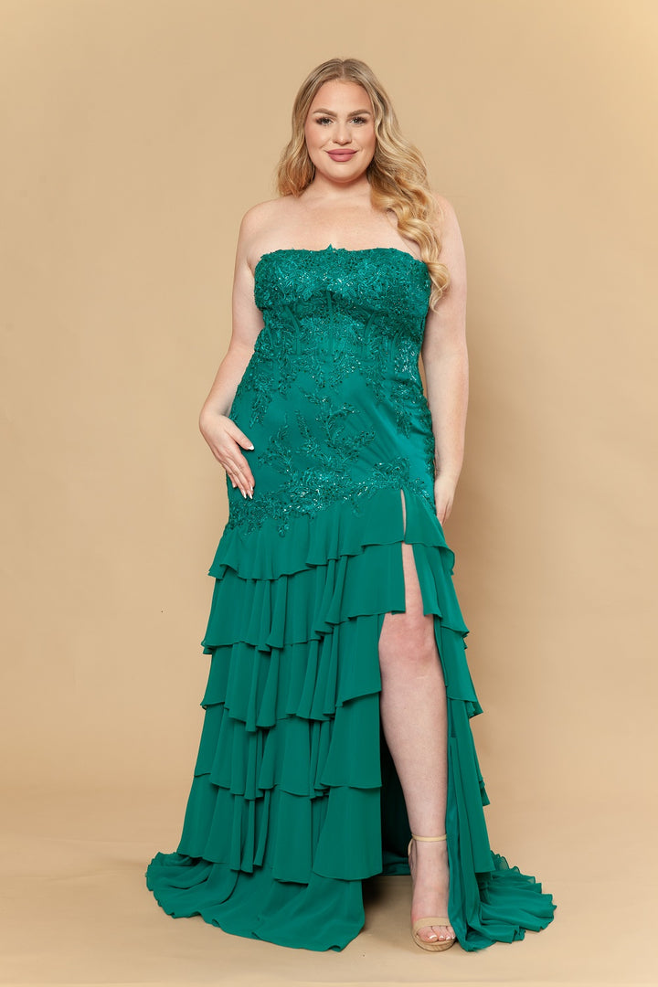Plus Size Strapless Tiered Slit Gown by Poly USA W1230