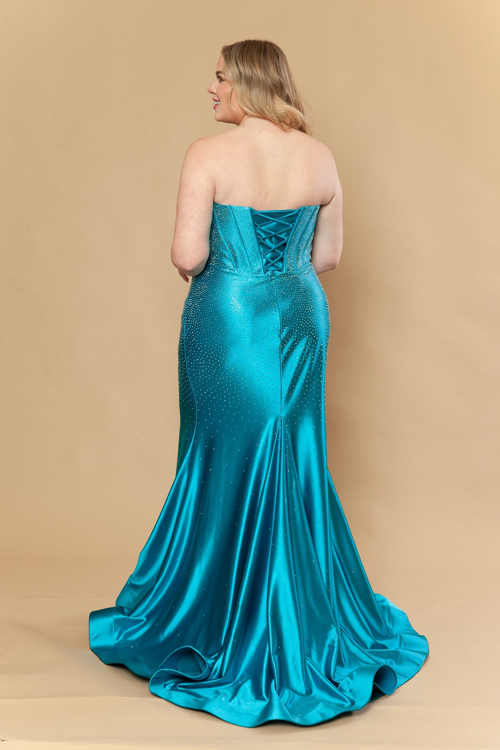 Plus Size Satin Strapless Slit Gown by Poly USA W1232