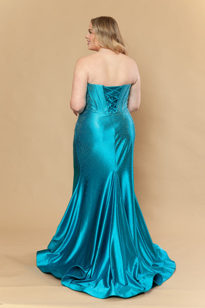 Plus Size Satin Strapless Slit Gown by Poly USA W1232
