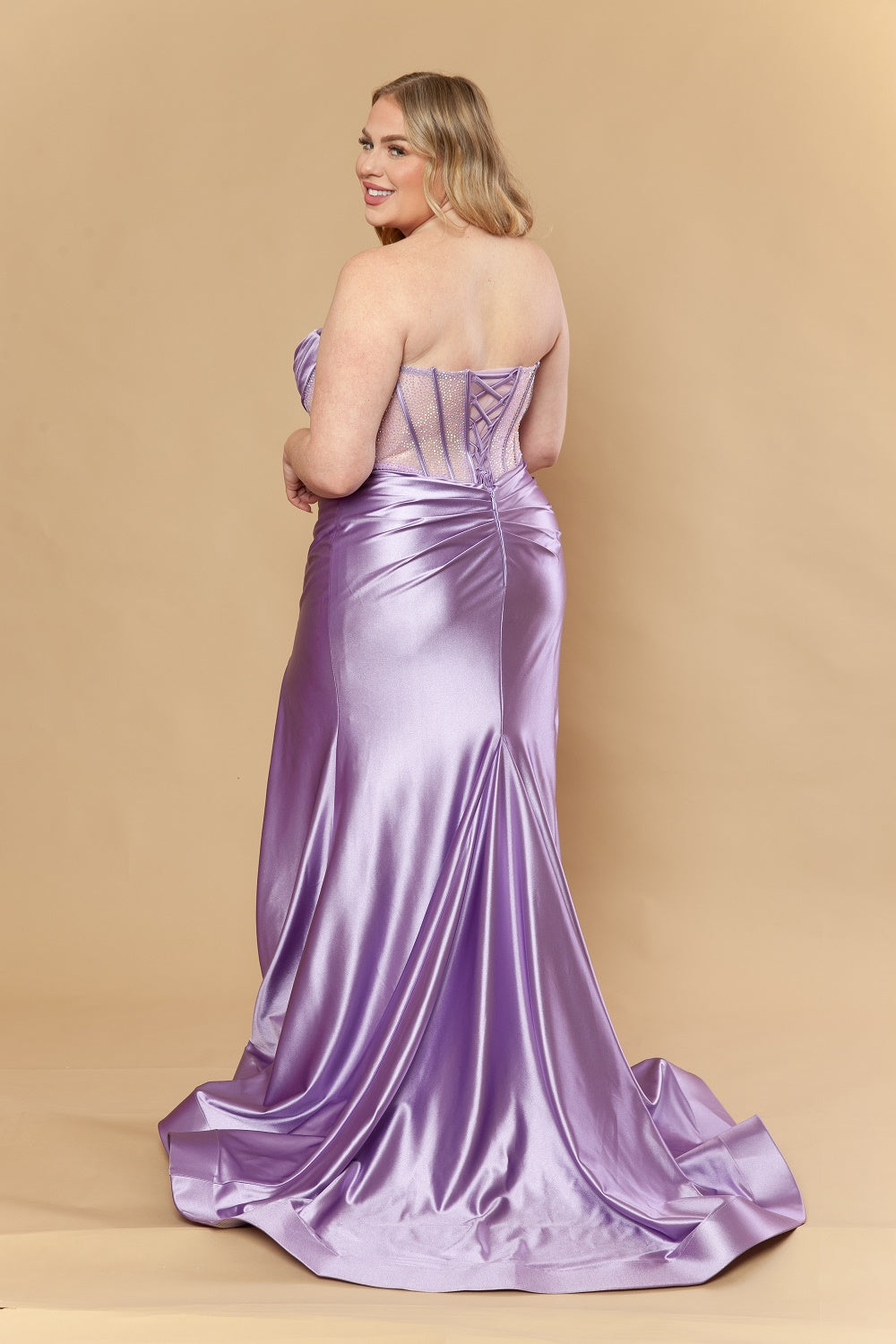 Plus Size Satin Strapless Slit Gown by Poly USA W1234