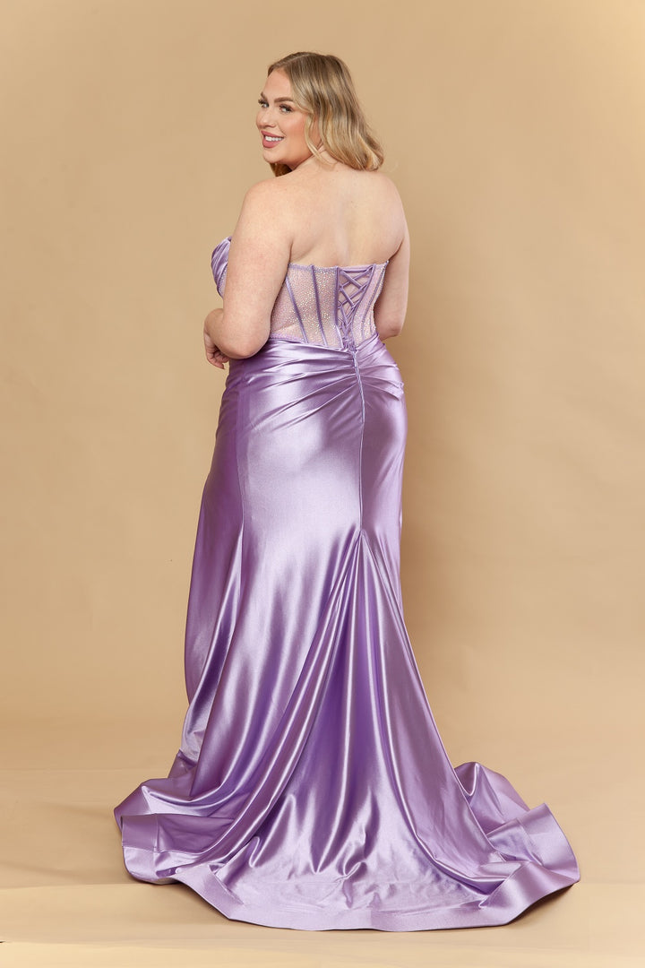 Plus Size Satin Strapless Slit Gown by Poly USA W1234